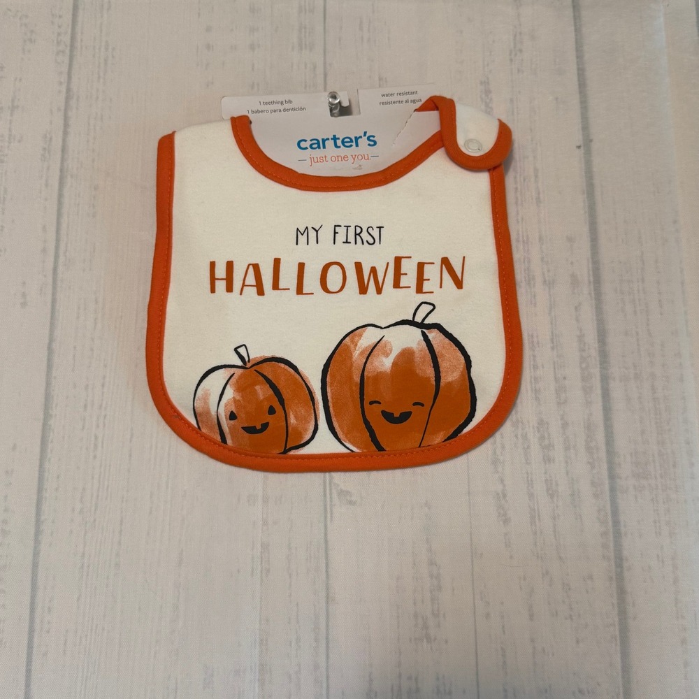 Carters Just One You My First Halloween Teething Bib Orange Pumpkin One Size NEW